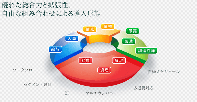 基幹業務を超えて、企業の成長に必要な全ての業務を統合。自由な組み合わせによる導入形態。